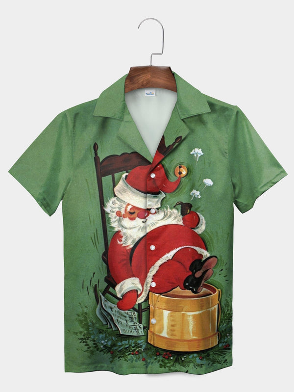 Green Santa Relaxing Rocking Chair Holiday Short Sleeve Aloha Shirt  Front