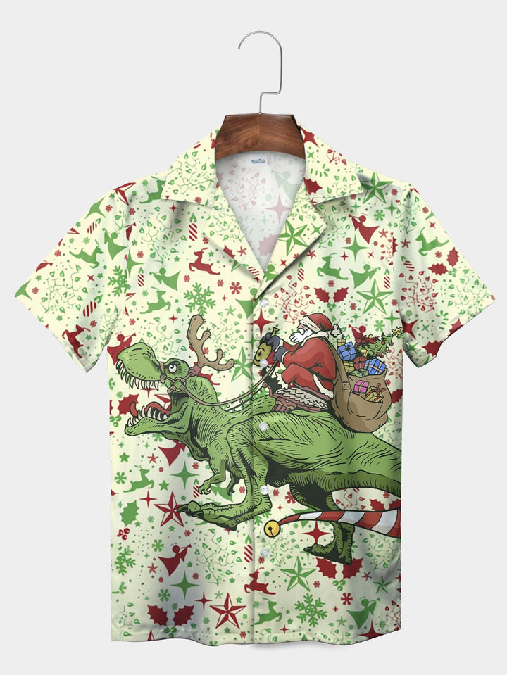 Green Santa Riding Dinosaur Gift Christmas Short Sleeve Aloha Shirt  Front