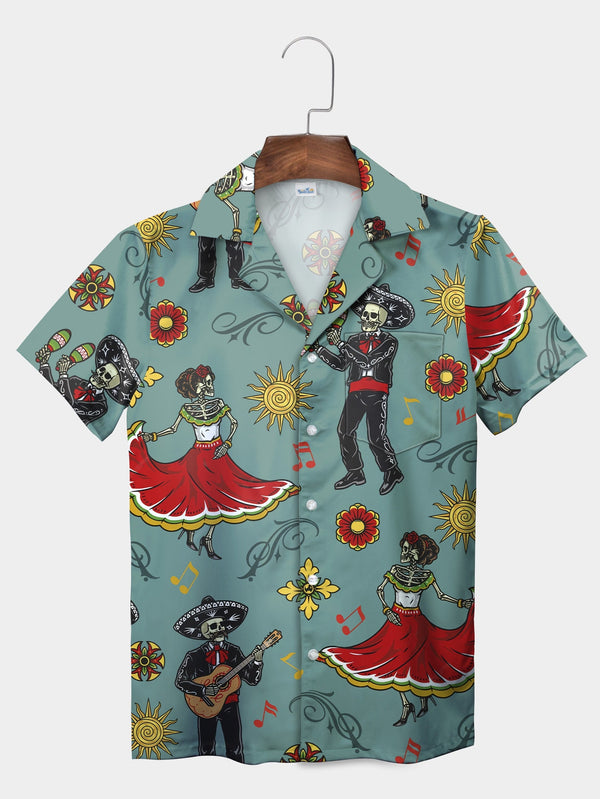 Green Skeleton Mariachi Dance Party Short Sleeve Hawaiian Shirt  Front