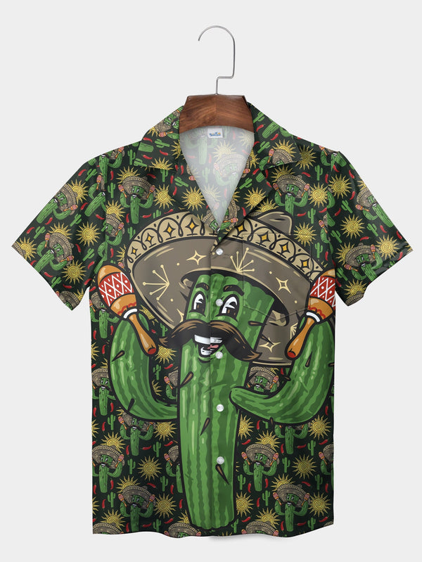 Green Sombrero Cactus Character Fiesta Short Sleeve Hawaiian Shirt  Front