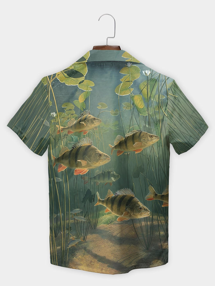 Green Underwater Perch Fish Aquatic Plants Short Sleeve Aloha Shirt  Back