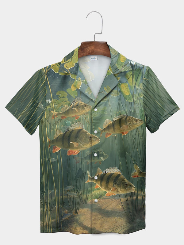 Green Underwater Perch Fish Aquatic Plants Short Sleeve Aloha Shirt  Front