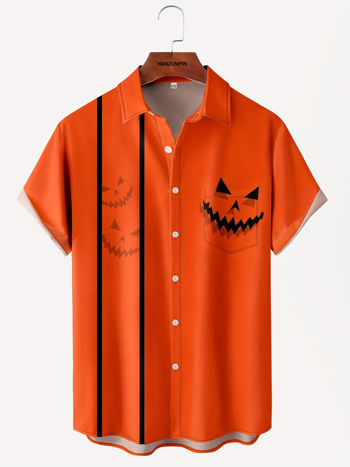 Halloween Pumpkin Face Funny Design Orange Black Short Sleeve Hawaiian Shirt  Front