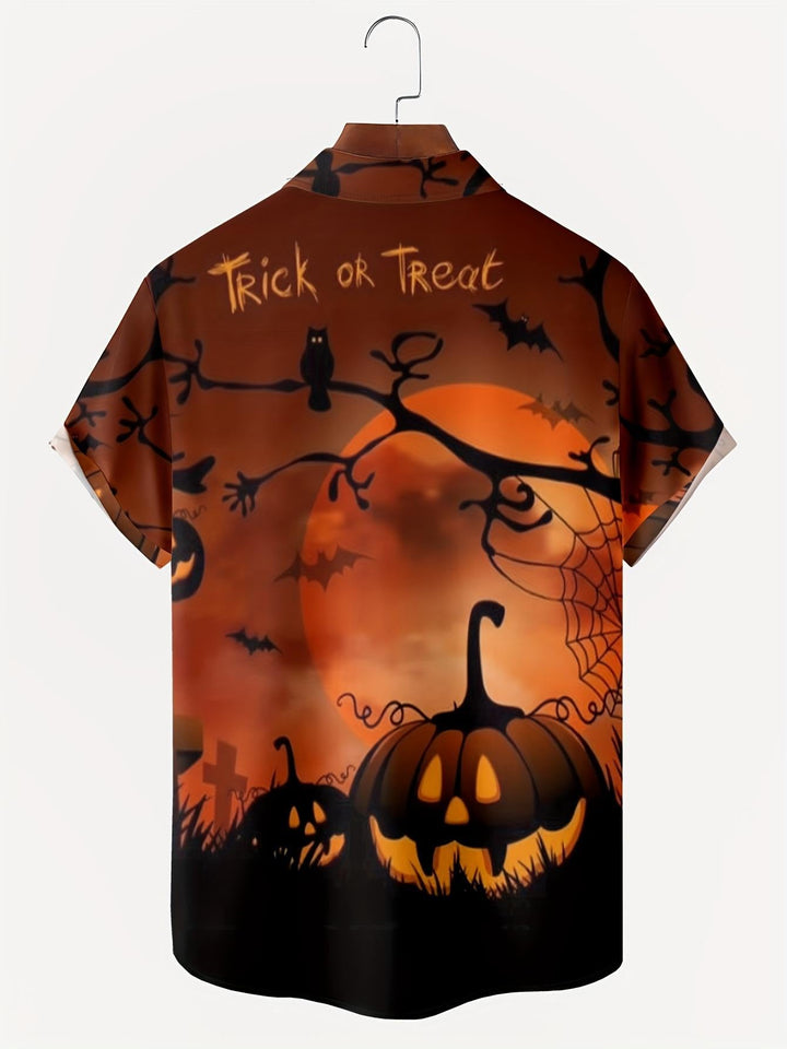 Halloween Trick Or Treat Pumpkin Bat Owl Silhouette Short Sleeve Hawaiian Shirt  Back