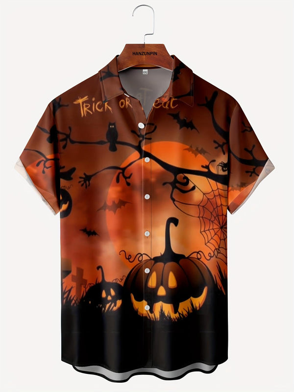 Halloween Trick Or Treat Pumpkin Bat Owl Silhouette Short Sleeve Hawaiian Shirt  Front