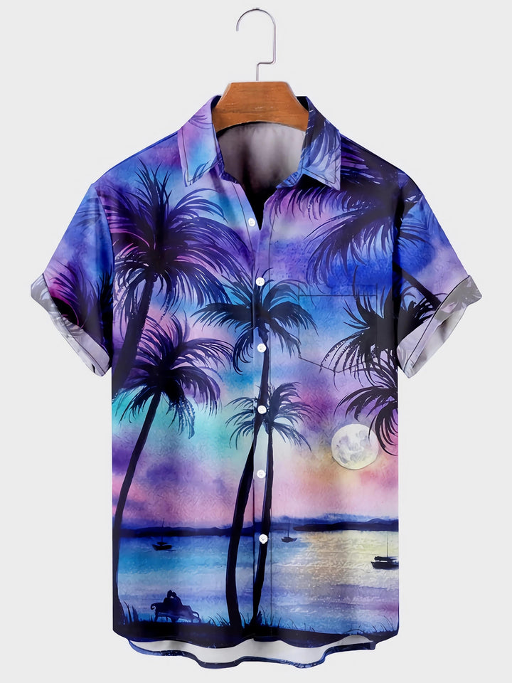 Hawaiian Sunset Palms Tropical Short Sleeve Shirt  Front