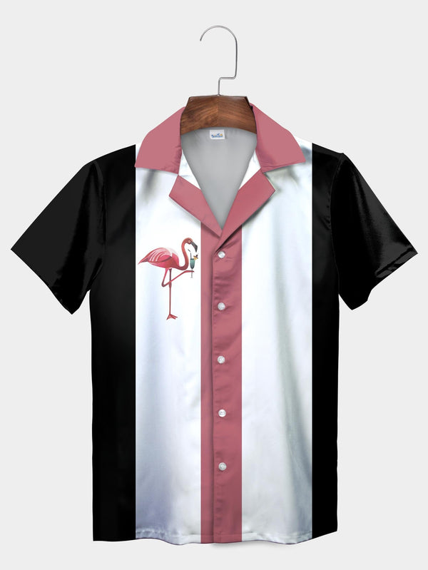 White Elegant Flamingo and Martini Glass Retro Stripe Hawaiian Shirt