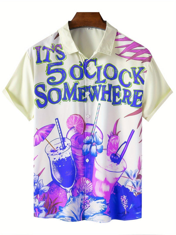 It's Five O'Clock Somewhere Tropical Cocktail Green Purple Short Sleeve Hawaiian Shirt  Front