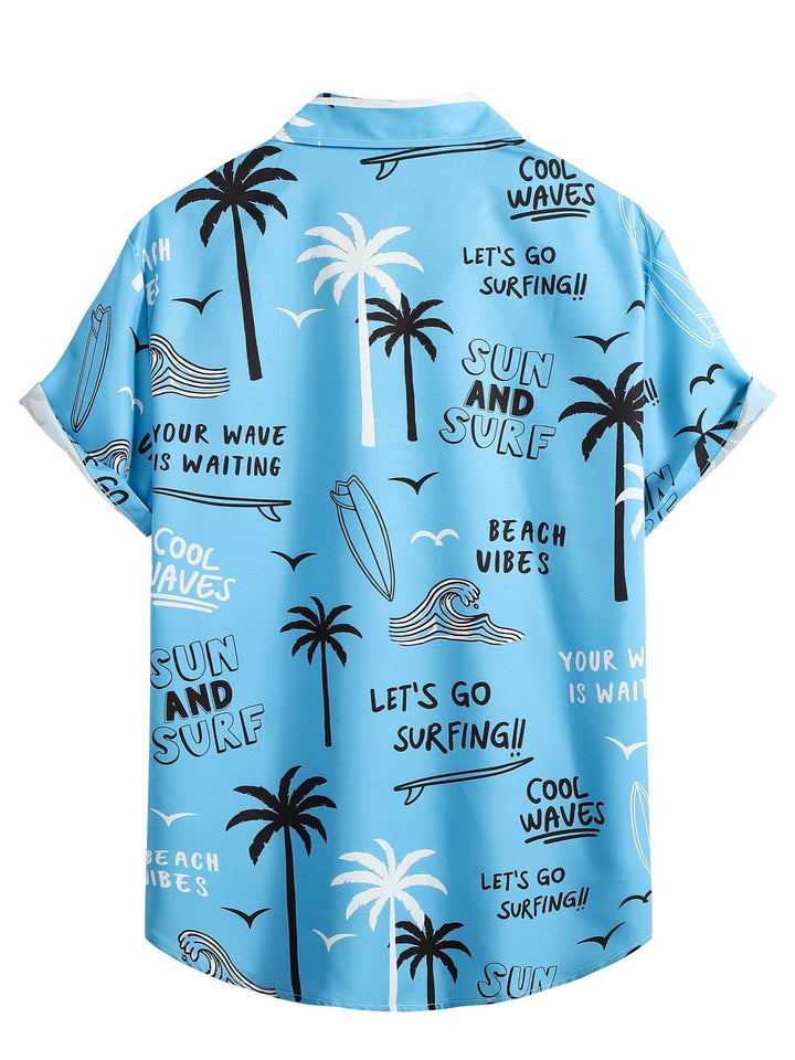 Let's Go Surfing Tropical Coconut Trees Waves Pattern Blue Black Short Sleeve Hawaiian Shirt  Back