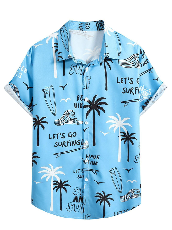 Let's Go Surfing Tropical Coconut Trees Waves Pattern Blue Black Short Sleeve Hawaiian Shirt  Front