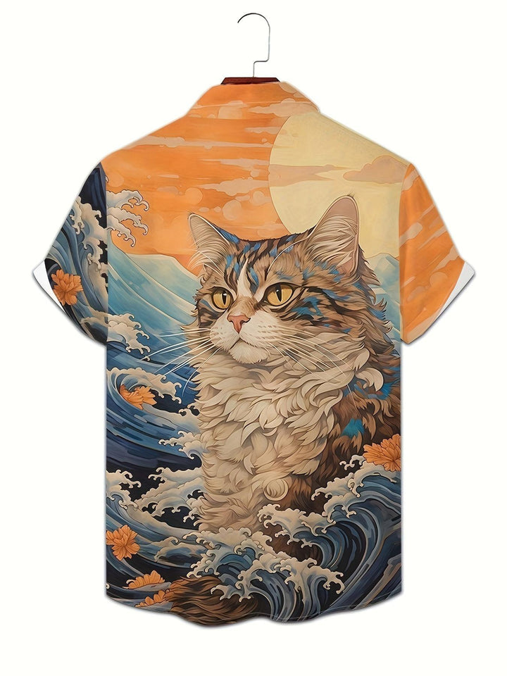 Majestic Cat Amidst The Great Wave Short Sleeve Hawaiian Shirt  Back