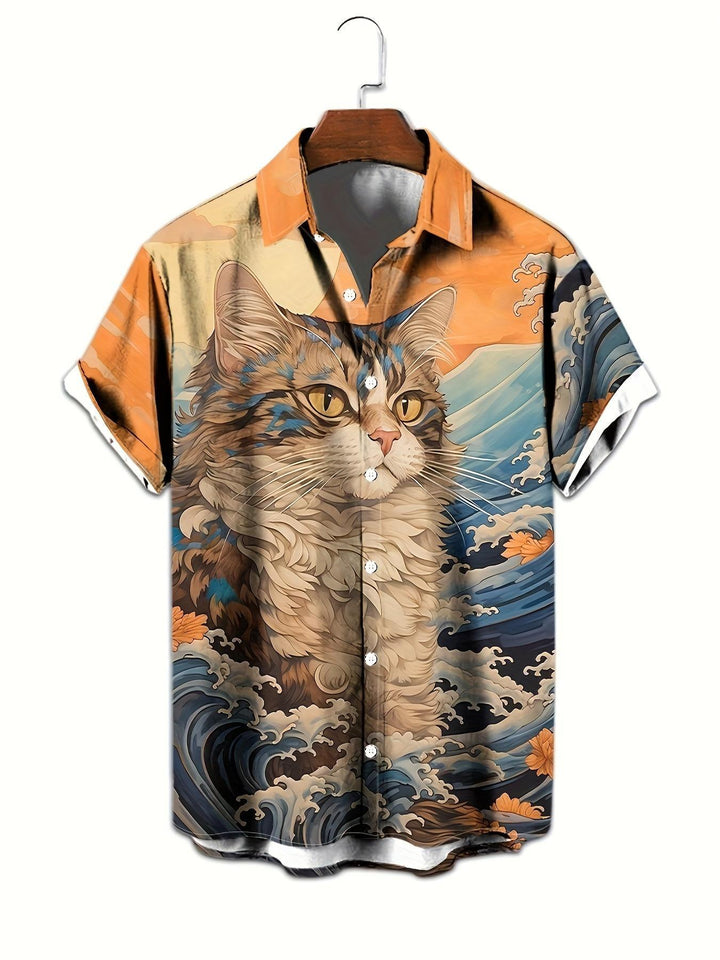 Majestic Cat Amidst The Great Wave Short Sleeve Hawaiian Shirt  Front