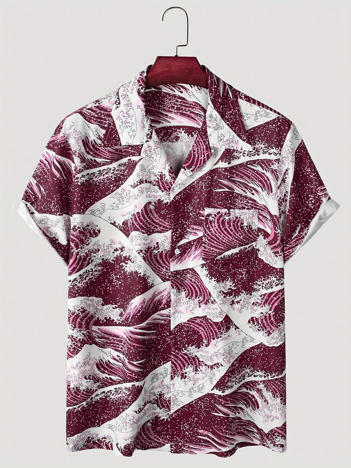 Maroon Japanese Ukiyo-e Wave Print Classic Traditional Design Short Sleeve Hawaiian Shirt  Front