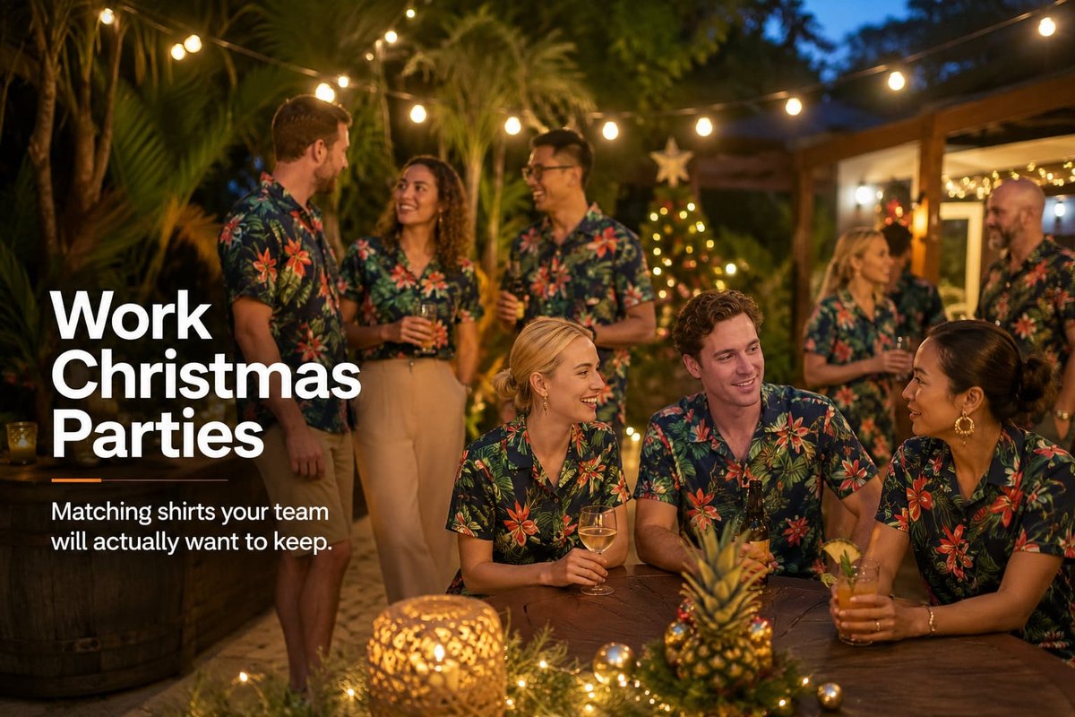 Team wearing matching custom Hawaiian shirts at a work Christmas party in Australia — The Hula Hut