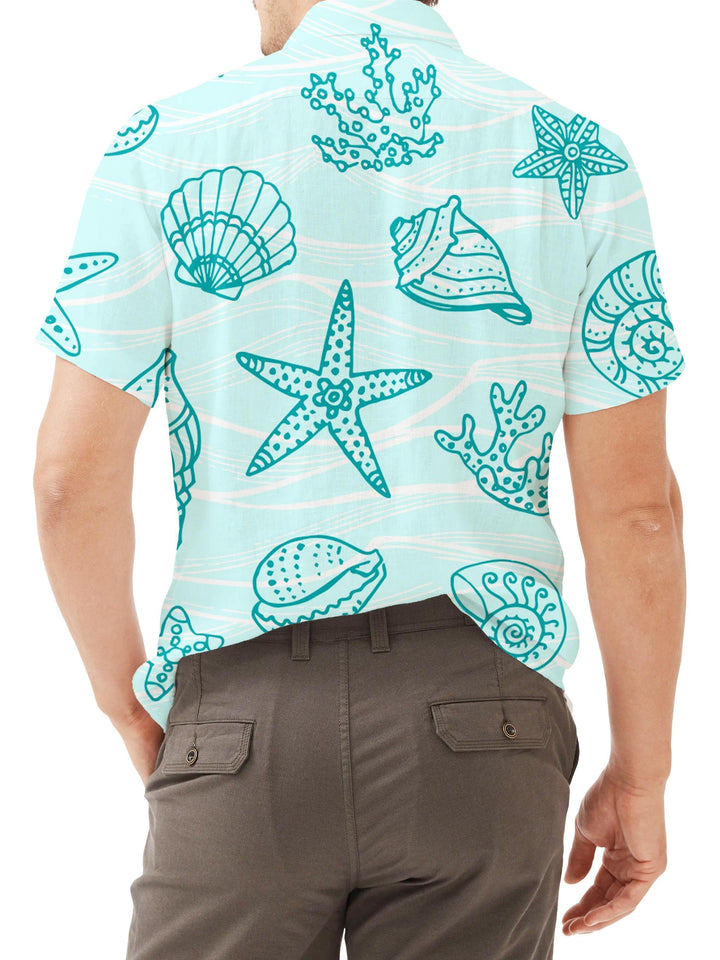 Men's Ocean Treasures Seashell And Starfish Print Short Sleeve Hawaiian Shirt  Back