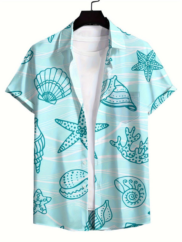 Men's Ocean Treasures Seashell And Starfish Print Short Sleeve Hawaiian Shirt  Front