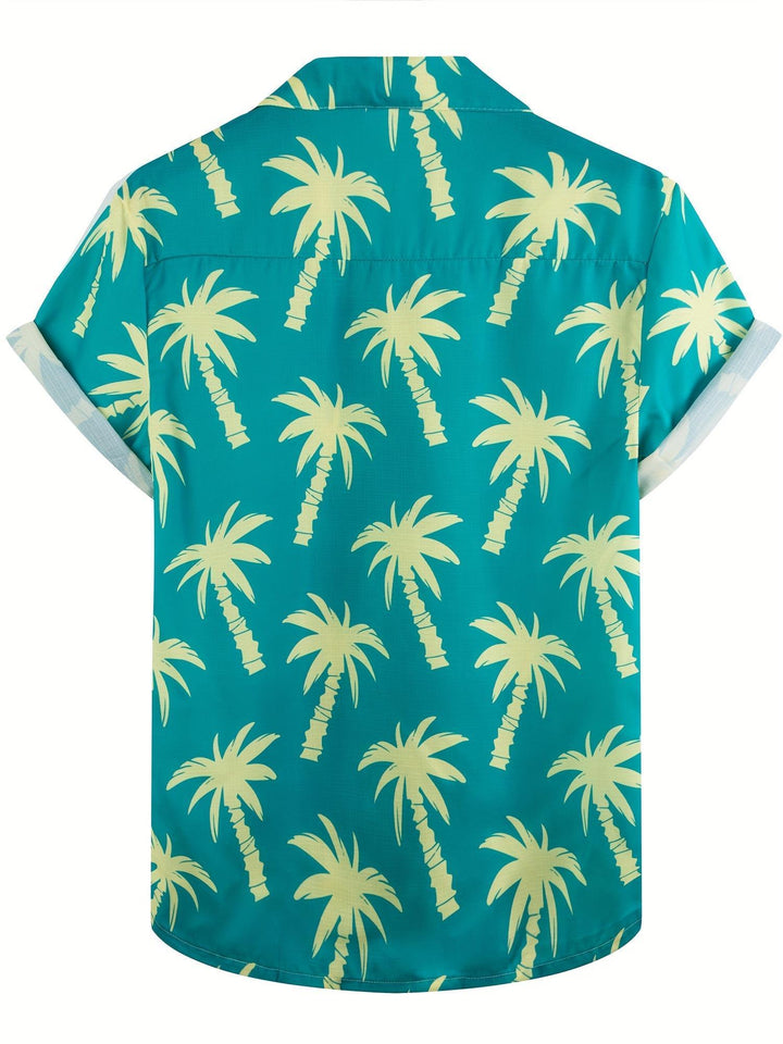 Men's Turquoise Palm Tree Print Short Sleeve Hawaiian Shirt  Back