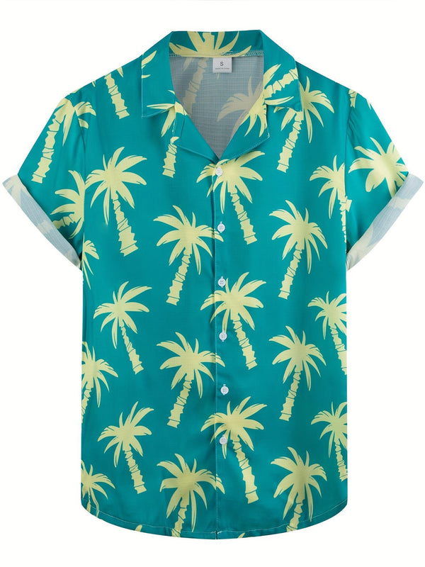 Men's Turquoise Palm Tree Print Short Sleeve Hawaiian Shirt  Front