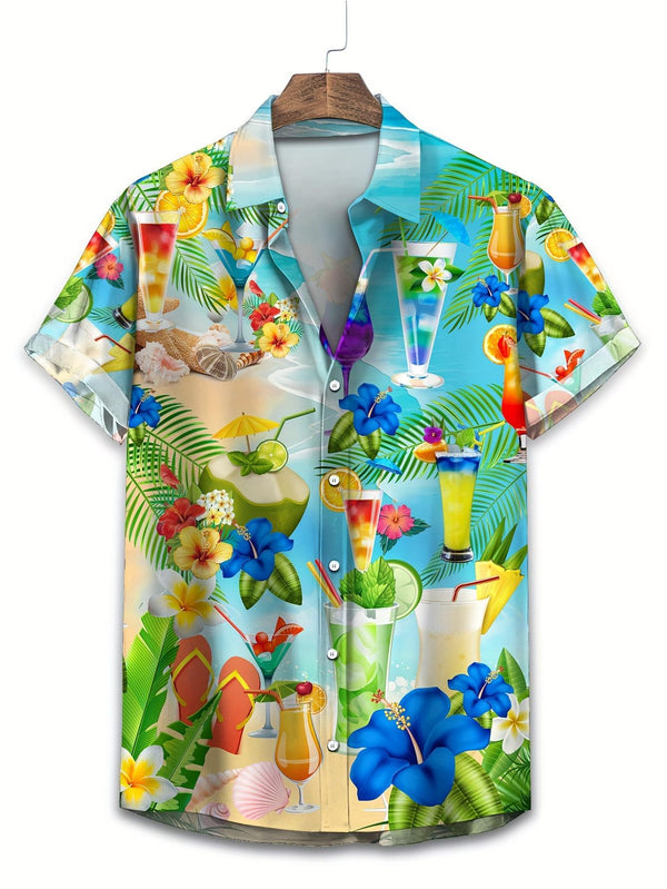 Men's Vibrant Tropical Cocktail Paradise Print Short Sleeve Hawaiian Shirt  Front