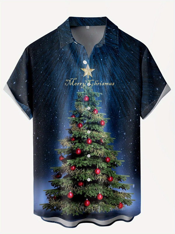 Merry Christmas Tree Design Festive Holiday Night Scene Print Short Sleeve Hawaiian Shirt  Front