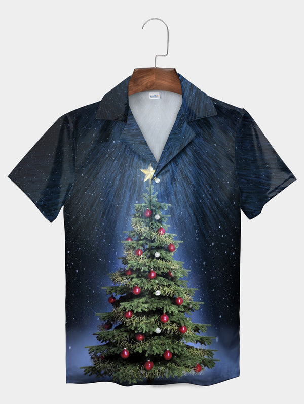 Blue Merry Christmas Tree Festive Holiday Night Scene Hawaiian Shirt