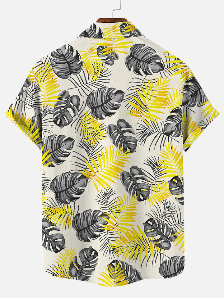 Monochrome Palm Leaves Hawaiian Short Sleeve Shirt Back