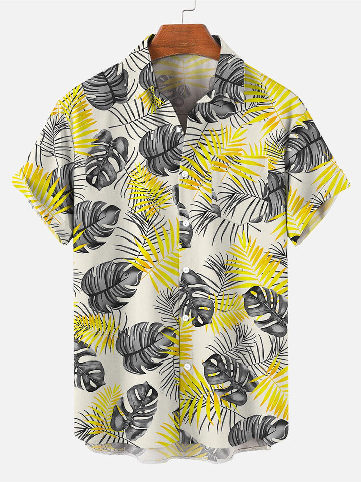 Monochrome Palm Leaves Hawaiian Short Sleeve Shirt Front