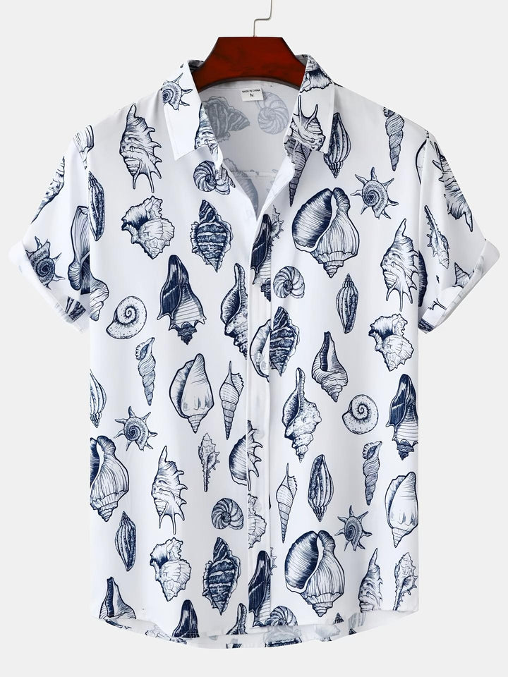 Monochrome Shells Nautical Hawaiian Short Sleeve Shirt  Front