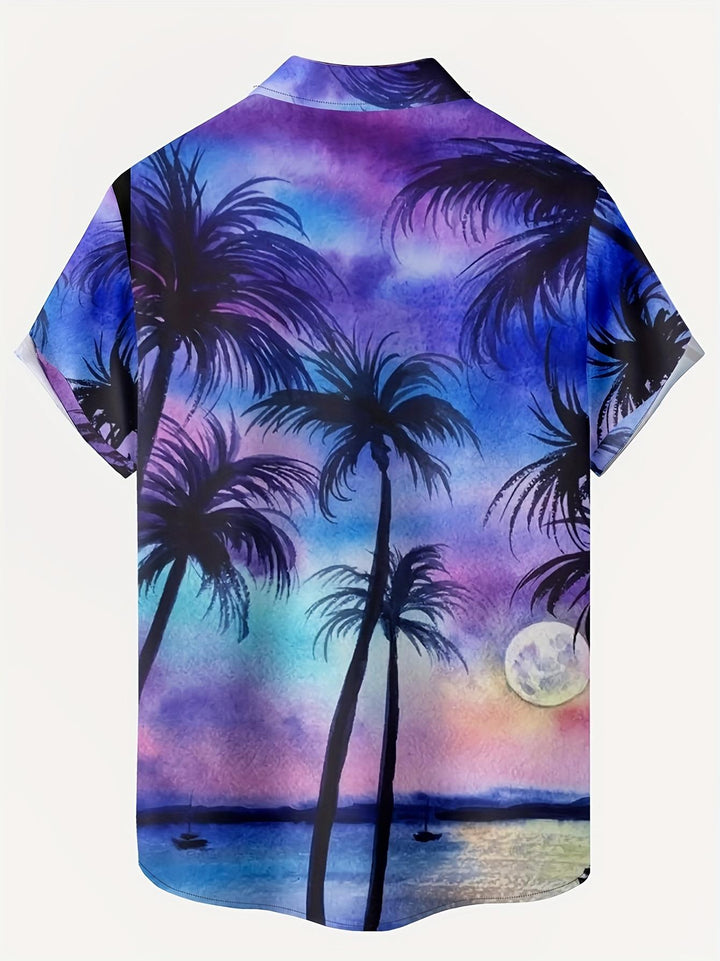 Moonlit Coconut Trees Tropical Night Scene Ocean View Short Sleeve Hawaiian Shirt  Back