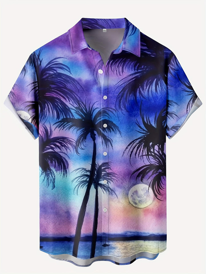 Moonlit Coconut Trees Tropical Night Scene Ocean View Short Sleeve Hawaiian Shirt  Front