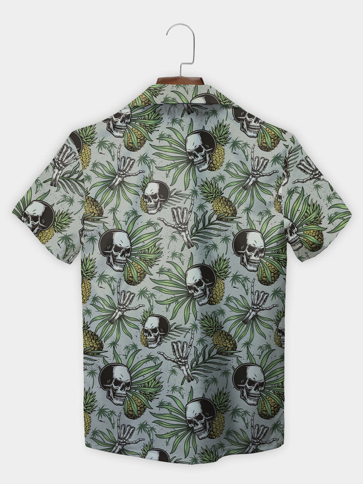 Mysterious Gray Skulls Pineapples Tropical Short Sleeve Hawaiian Shirt  Back