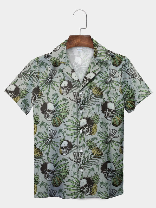 Mysterious Gray Skulls Pineapples Tropical Short Sleeve Hawaiian Shirt  Front