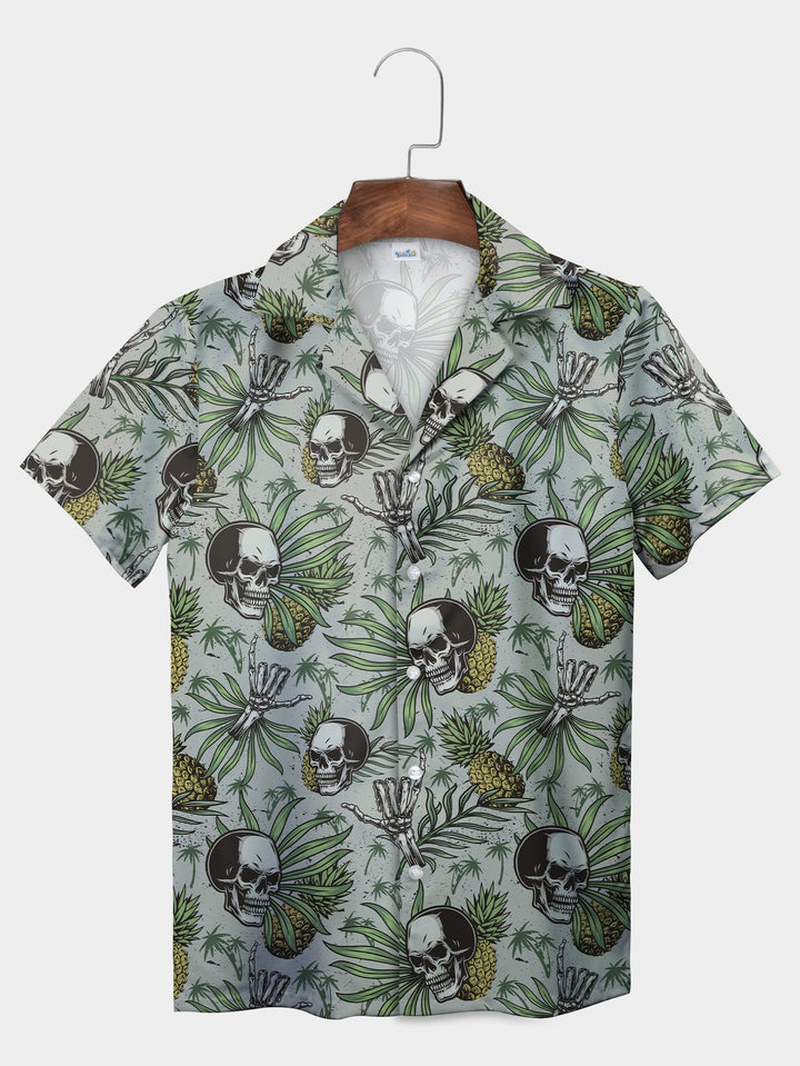 Mysterious Gray Skulls Pineapples Tropical Short Sleeve Hawaiian Shirt  Pocket