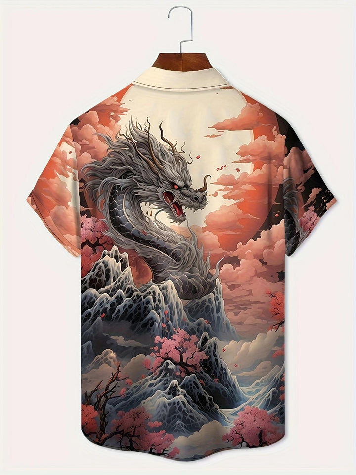 Mythical Dragon And Cherry Blossoms Short Sleeve Hawaiian Shirt  Back