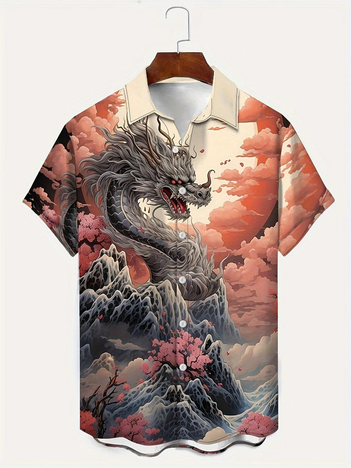 Mythical Dragon And Cherry Blossoms Short Sleeve Hawaiian Shirt  Front