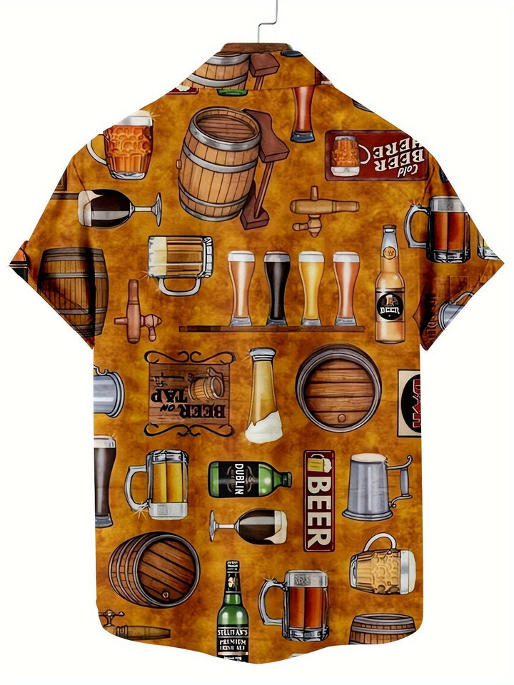 Oktoberfest Beer Barrel Mug Print Retro Style Short Sleeve Hawaiian Shirt  Back