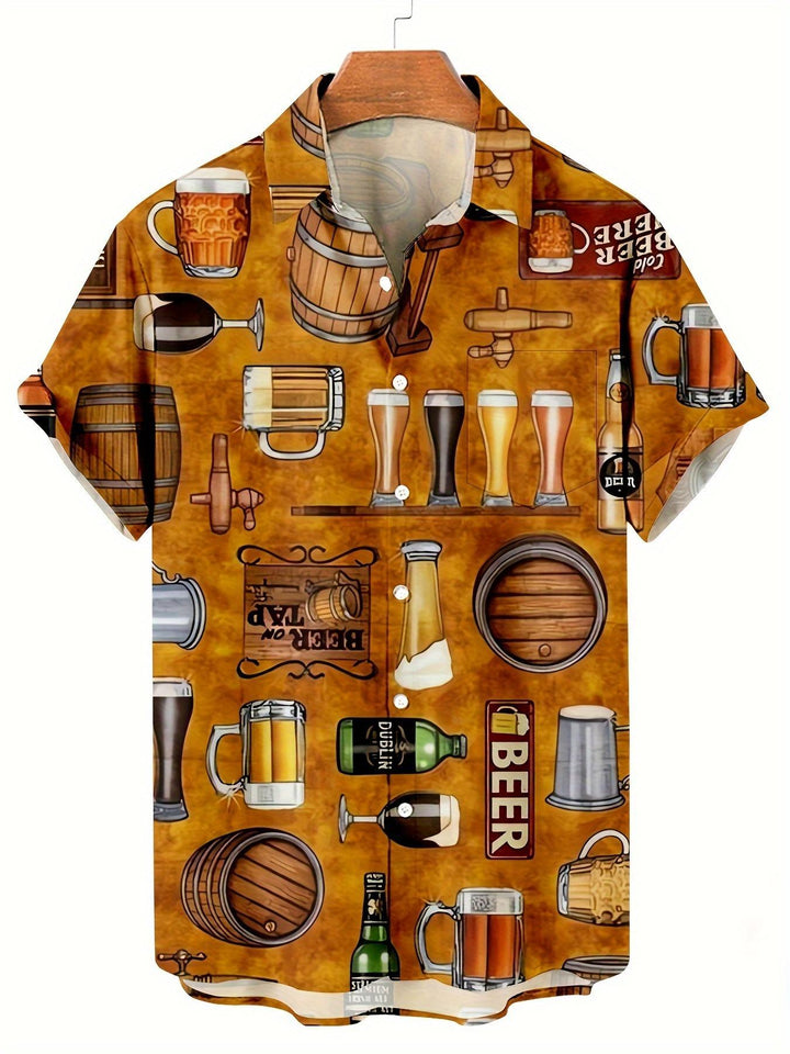 Oktoberfest Beer Barrel Mug Print Retro Style Short Sleeve Hawaiian Shirt  Front