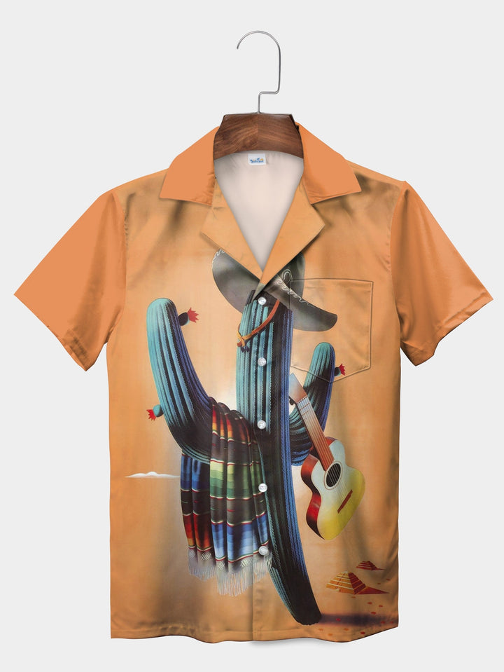 Orange Cactus Sombrero Guitar Mexican Desert Short Sleeve Hawaiian Shirt  Front