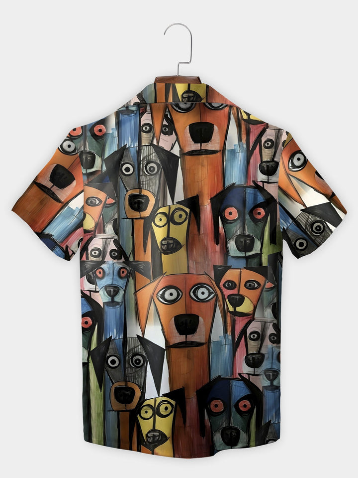 Orange Dog Pattern Playful Cartoon Faces Short Sleeve Hawaiian Shirt  Back