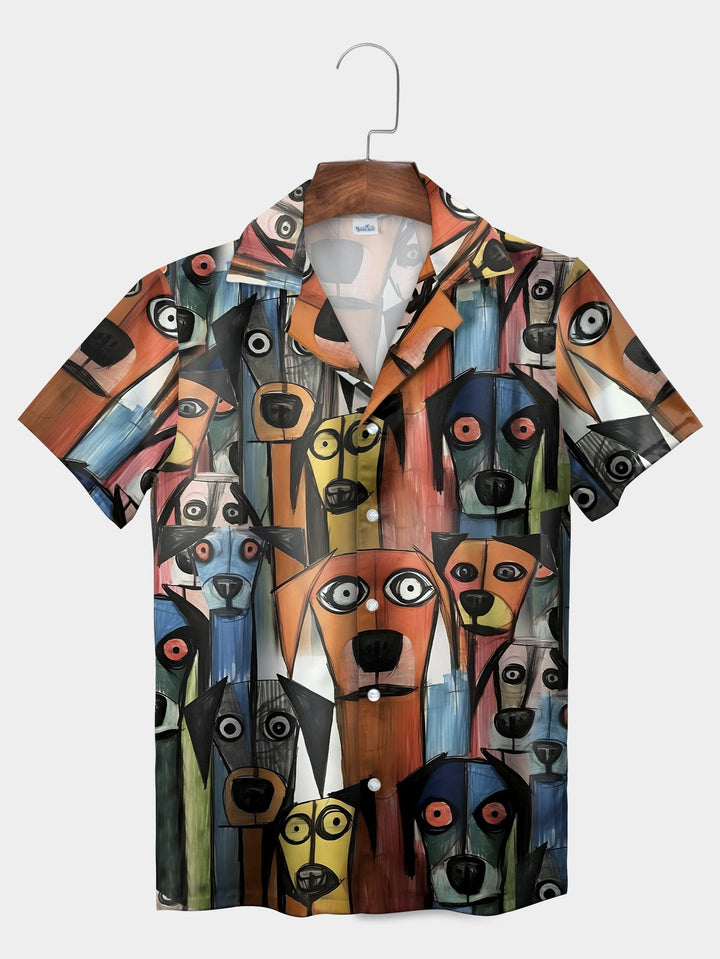 Orange Dog Pattern Playful Cartoon Faces Short Sleeve Hawaiian Shirt  Front