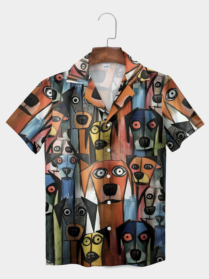 Orange Dog Pattern Playful Cartoon Faces Short Sleeve Hawaiian Shirt  Pocket