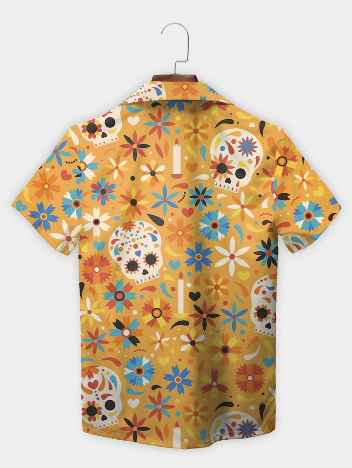 Orange Festive Sugar Skull Floral Pattern Short Sleeve Hawaiian Shirt  Back