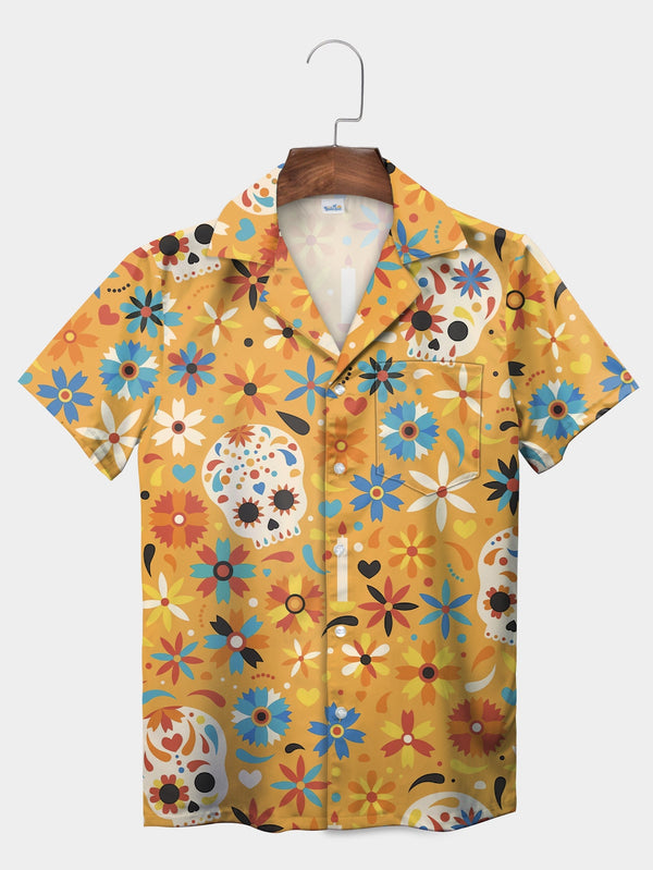 Orange Festive Sugar Skull Floral Pattern Short Sleeve Hawaiian Shirt  Front