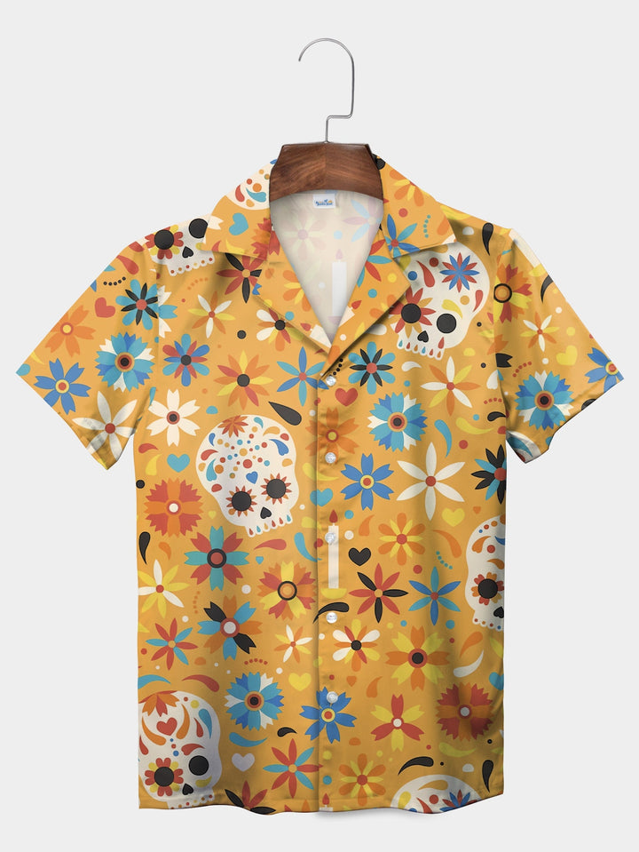 Orange Festive Sugar Skull Floral Pattern Short Sleeve Hawaiian Shirt  Pocket