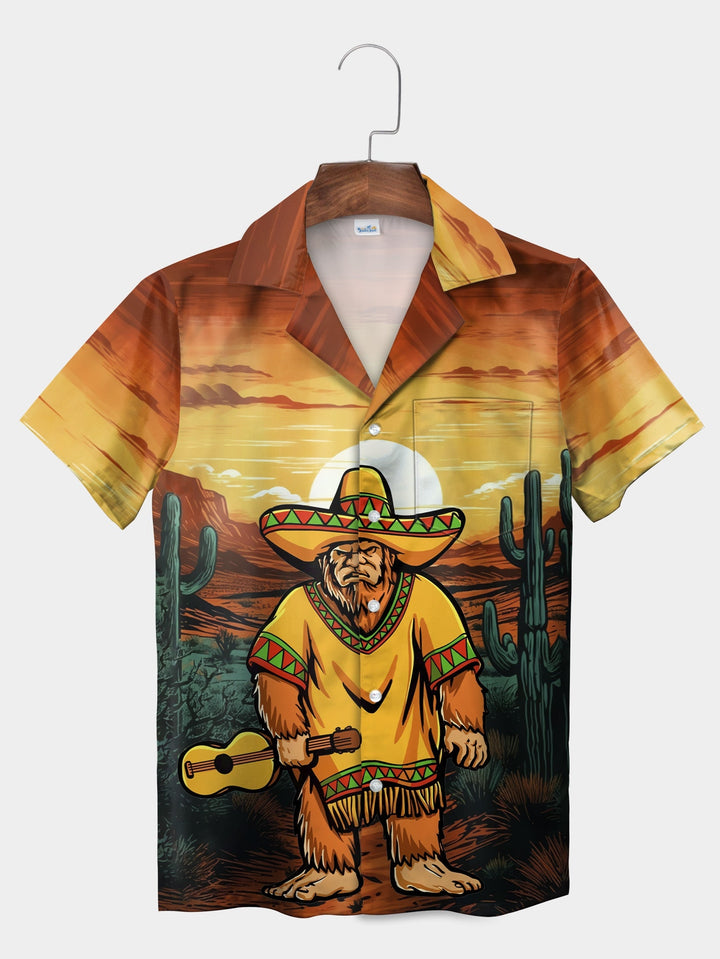 Orange Mexican Bigfoot Sombrero Guitar Cactus Short Sleeve Hawaiian Shirt  Front