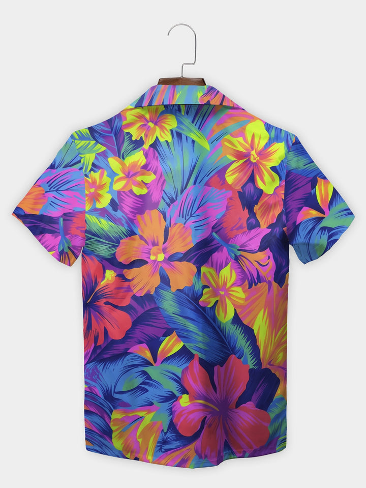 Orange Vibrant Tropical Floral Pattern Short Sleeve Hawaiian Shirt  Back