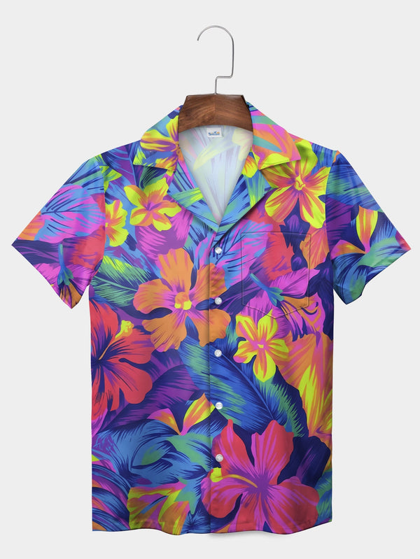 Orange Vibrant Tropical Floral Pattern Short Sleeve Hawaiian Shirt  Front