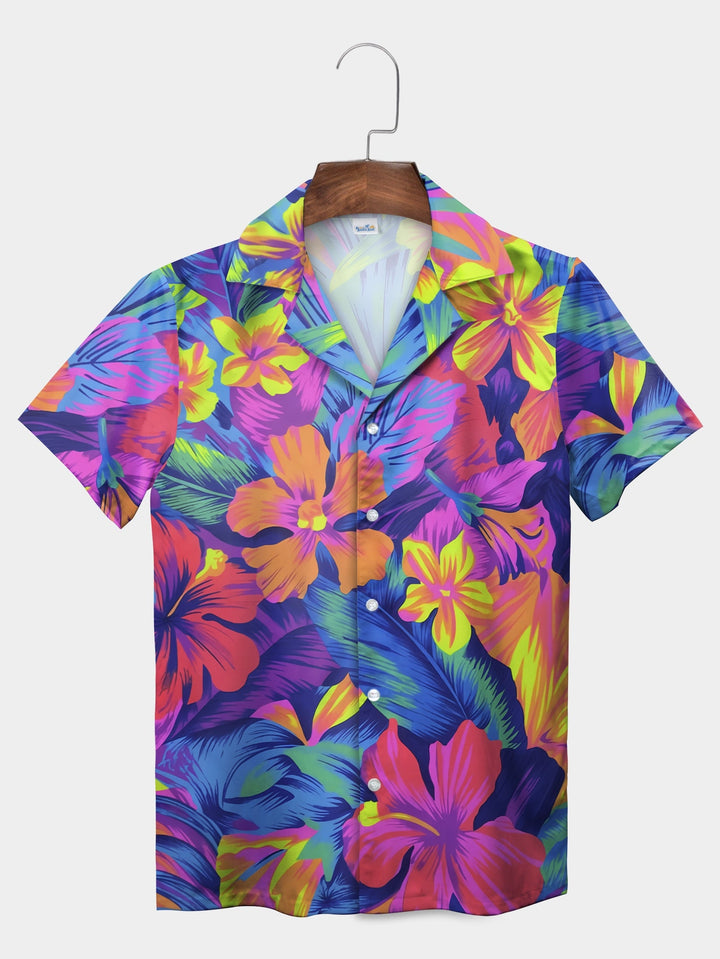 Orange Vibrant Tropical Floral Pattern Short Sleeve Hawaiian Shirt  Pocket