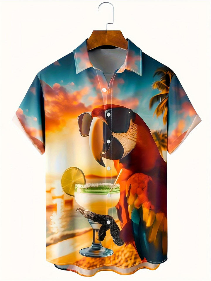 Parrot Sunset Margarita Tropical Vibe Print Short Sleeve Hawaiian Shirt  Front