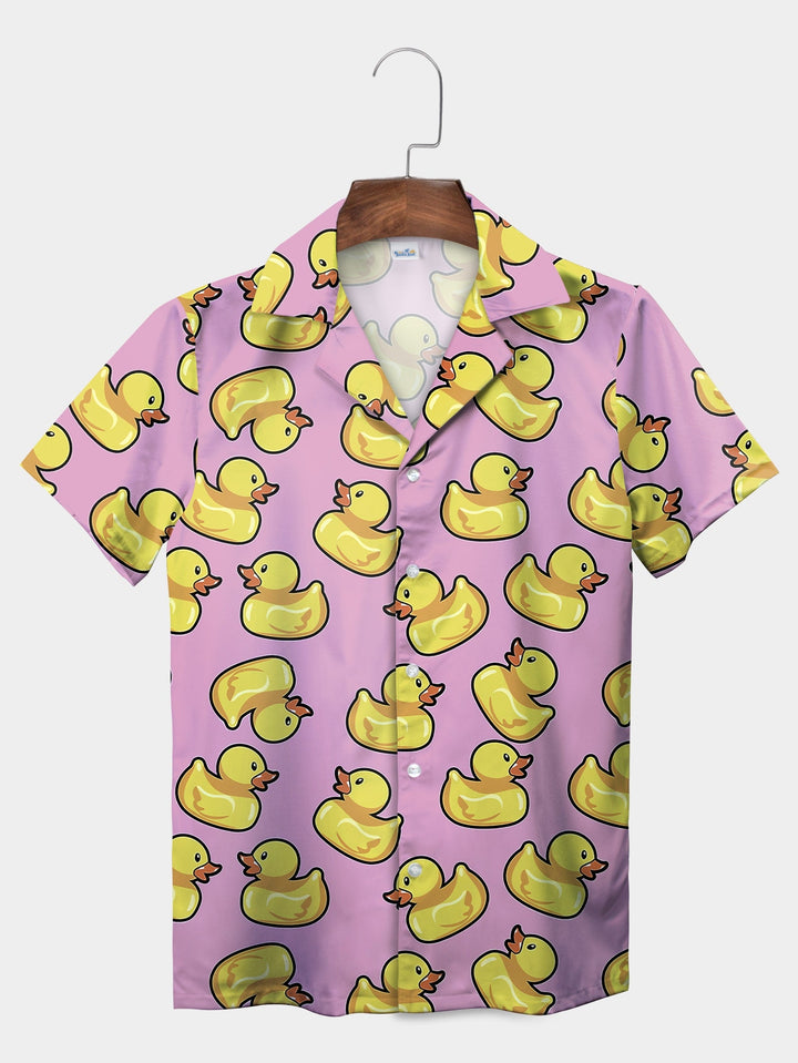 Pink Cute Yellow Duck Adorable Fun Design Short Sleeve Hawaiian Shirt  Pocket